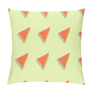 Personality  Top View Of Pattern With Handmade Red Paper Watermelon Slices Isolated On Green Pillow Covers