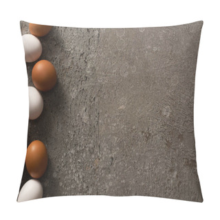 Personality  Top View Of Brown And White Chicken Eggs On Grey Textured Background Pillow Covers