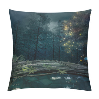 Personality  Enchanted Nature Series - Pond In A Dark Forest With Water Lilies And Shining Lights - 3D Illustration Pillow Covers