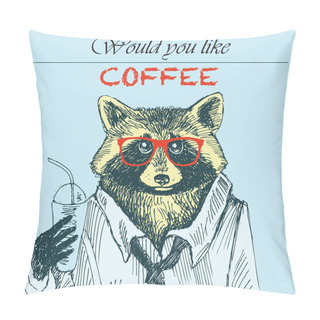 Personality  Hipster Raccoon Vector Illustration. Raccoon With Coffee And Sunglasses. Hipster Animals. Pillow Covers