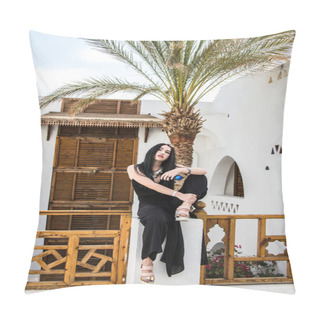 Personality  Attractive Young Woman Holding Sunglasses And Looking At Camera While Sitting At Resort In Egypt  Pillow Covers