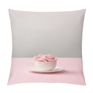 Personality  Beautiful Pink Carnation Flowers In White Cup And Saucer On Grey Pillow Covers