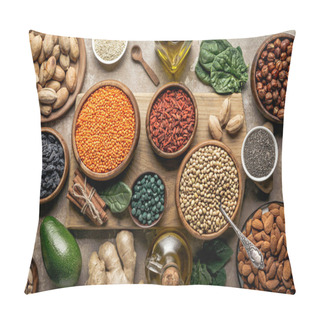 Personality  Flat Lay Of Wooden Board With Legumes, Goji Berries And Healthy Ingredients On Table Pillow Covers