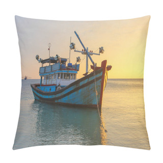 Personality  Fishing Boat On A Deserted Beach On Sunset Background Pillow Covers