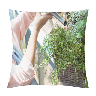 Personality  Cropped View Of Senior Woman Watering Green Plant  Pillow Covers