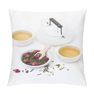 Personality  Green Tea With Rosebuds, Cups And Teapot On White Wooden Table Pillow Covers