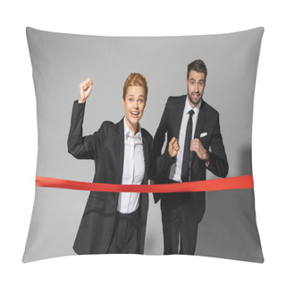 Personality  Cheerful Redhead Businesswoman Showing Win Gesture Near Finish Ribbon And Business Competitor Running On Grey Background Pillow Covers