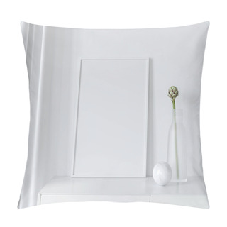 Personality  White Interior With A White Frame Mockup On A Dresser Near A Frosted Glass Vase And A Marble Ball / 3D Illustration, 3d Render  Pillow Covers
