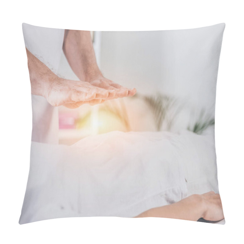 Personality  Cropped Shot Of Male Healer Doing Reiki Treatment Session To Woman  Pillow Covers