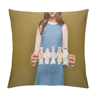 Personality  Cropped View Of Smiling Preteen Girl In Casual Clothes Holding Paper Drawn Characters During Child Protection Day Celebration On Khaki Background Pillow Covers