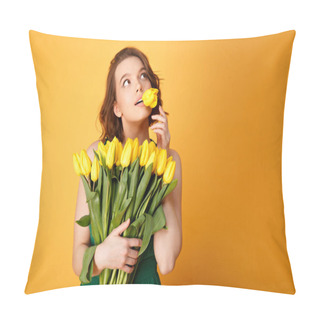 Personality  Portrait Of Pensive Woman With Tulip In Mouth And Bouquet Of Yellow Tulips Isolated On Orange Pillow Covers