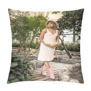 Personality  Full Length Of Trendy Young African American Woman In Summer Outfit And Boots Holding Basket With Juicy Lemons And Standing In Garden Center, Fashion-forward Lady In Harmony With Tropical Flora Pillow Covers