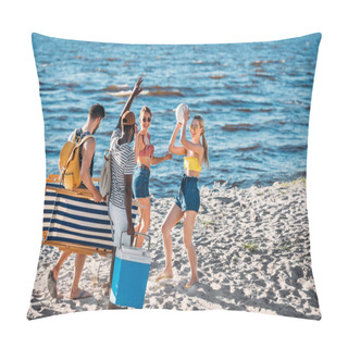 Personality  Happy Young Multiethnic Friends With Beach Items Smiling Each Other On Sandy Sea Coast Pillow Covers