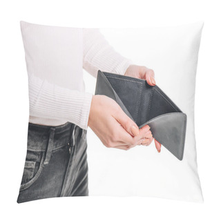 Personality  Cropped Image Of Woman Opening Empty Black Purse Isolated On White Pillow Covers