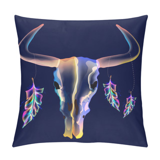 Personality  Bright Bull Skull With Feathers Over Dark Pillow Covers