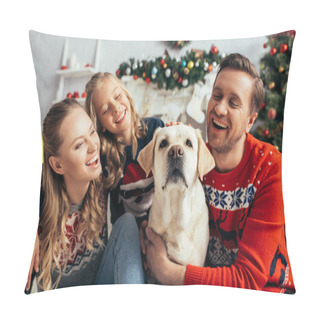 Personality  Happy Family In Sweaters Looking At Labrador Near Christmas Decoration  Pillow Covers