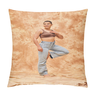 Personality  Body Positivity, Confident, Curvy And Happy Woman In Crop Top And Jeans Posing On Mottled Beige Background, Casual Attire, Self-acceptance, Generation Z, Tattooed, Smile, Full Length, Denim Fashion  Pillow Covers