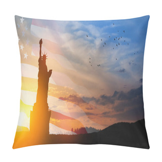 Personality  Statue Of Liberty With A Large American Flag And Sunset Sky With Flying Birds On Background. Greeting Card For Independence Day. USA Celebration. Pillow Covers
