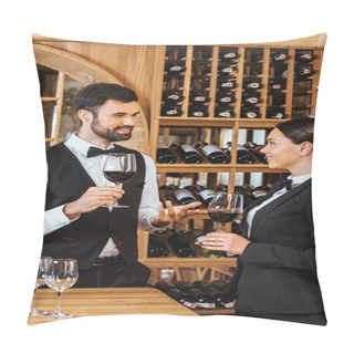 Personality  Couple Of Wine Stewards Making Degustation Together And Chatting At Wine Store Pillow Covers