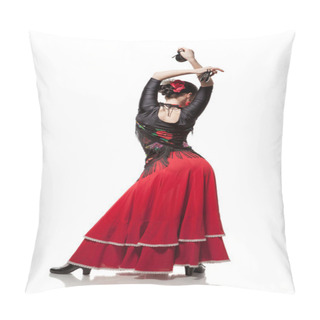 Personality  Young Woman Dancing Flamenco With Castanets Isolated On White Pillow Covers
