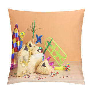 Personality  Purim Celebration Concept (jewish Carnival Holiday). Hamantaschen Cookies Over Wooden Table Pillow Covers