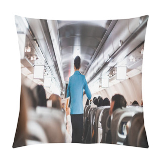 Personality  Interior Of Airplane With Passengers On Seats And Stewardess In Uniform Walking The Aisle, Serving People. Commercial Economy Flight Service Concept Pillow Covers