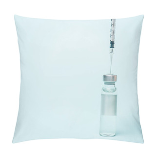 Personality  Syringe In Jar Of Vaccine With Hormone On Blue Surface With Copy Space Pillow Covers