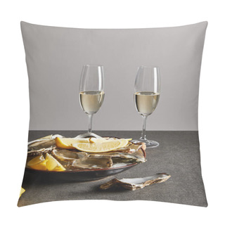 Personality  Champagne Glasses With Sparkling Wine Near Delicious Oysters And Lemons In Bowl Isolated On Grey  Pillow Covers