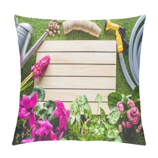 Personality  Top View Of Watering Can, Flower Pots, Hosepipe And Flowers On Grass Pillow Covers