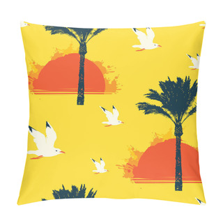 Personality  Seamless Tropical Pattern With Seagulls, Silhouettes Of Palm Trees And Red Rising Sun On A Yellow Backdrop. Cartoon Vector Background On Theme Of Sea Summer Travel. Wallpaper, Wrapping Paper, Fabric Pillow Covers