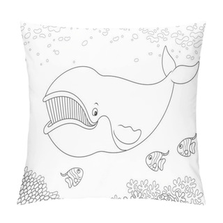 Personality  Bowhead Whale Swimming With Funny Small Fishes Near A Reef, Black And White Vector Illustration For A Coloring Book Pillow Covers
