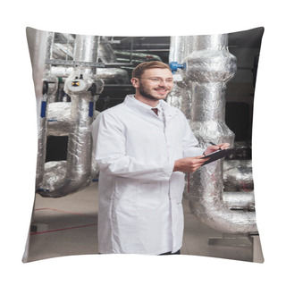 Personality  Happy Engineer In White Coat Holding Pen And Clipboard Near Air Compressed System  Pillow Covers