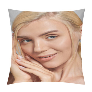 Personality  Attractive Portrait Of A Young Smiling Woman With Beautiful Hands On A Gray Background Pillow Covers