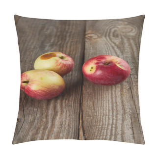 Personality  Farmers Apples With Small Rotten Spot On Brown Wooden Surface With Copy Space Pillow Covers