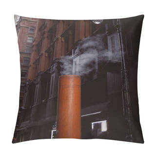 Personality  Steaming Ventilation Pipe On Street Near Stone Buildings On Blurred Background In New York City Pillow Covers