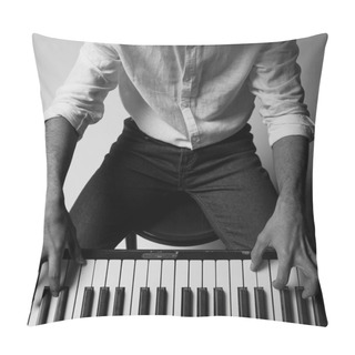 Personality  Black And White Cropped Shot Of Man Playing Piano Pillow Covers