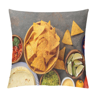 Personality  Top View Of Mexican Nachos Served With Tortilla, Guacamole, Cheese Sauce And Salsa On Stone Table Pillow Covers