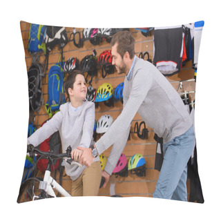 Personality  Happy Father And Son Smiling Each Other While Choosing New Bicycle In Bike Shop Pillow Covers