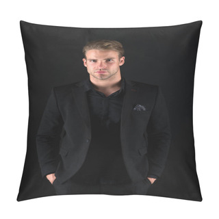Personality  Feeling Confident. Male Beauty And Masculinity. Guy Attractive Confident Model. Confident In His Style. Man In Dark Clothes. Casually Handsome. Man Handsome Well Groomed Macho On Black Background Pillow Covers