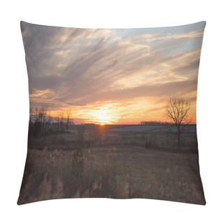 Personality  Cloudy Winter Sunset Over Wild Grass And Fields With Blue Sky In Blurred Foreground Pillow Covers