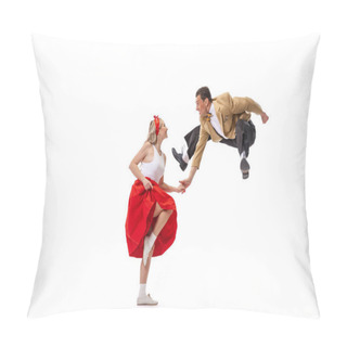 Personality  Dynamic Portrait Of Dancing Couple In Vintage Style Clothes Dancing, Jumping Isolated On White Background. Concept Of Art, Music, 60s ,70s American Fashion Style. Emotions, Expressions Pillow Covers
