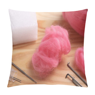 Personality  Pink Felting Wool And Needles On Wooden Table, Closeup Pillow Covers