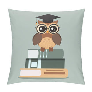 Personality  Isolated Cute Owl In Eyeglasses With Graduation Cap Sitting On A Stack Of Books. Vector Illustration In Cartoon Flat Style. Pillow Covers