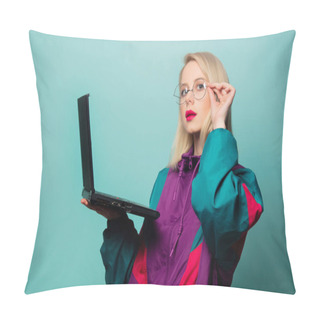 Personality  Style Blonde Woman In Glasses With Laptop Computer  Pillow Covers