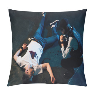 Personality  Overhead View Of Investigator Sitting Near Cadaver At Crime Scene Pillow Covers