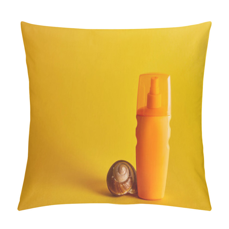 Personality  Sunscreen In Orange Bottle Near Seashell On Dark Yellow Background Pillow Covers