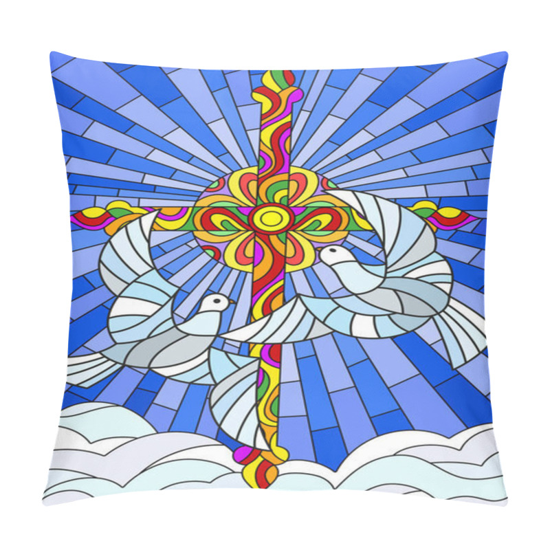Personality  Illustration with a cross and a pair of white doves in the stained glass style pillow covers