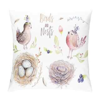 Personality  Hand Drawing Easter Watercolor Flying Cartoon Bird And Eggs With Leaves, Branches And Feathers. Design Elements  Pillow Covers