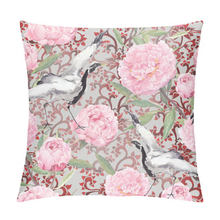 Personality  Crane Birds, Peony Flowers. Floral Repeating Ornate Pattern. Watercolor Pillow Covers