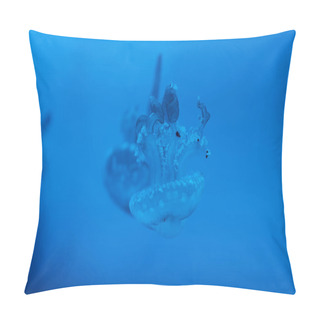 Personality  Selective Focus Of Spotted Jellyfishes On Blue Background Pillow Covers